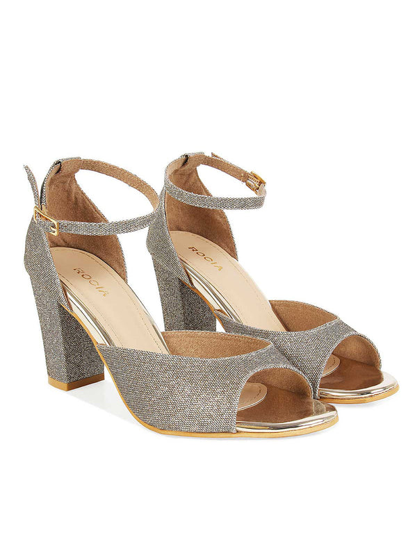 Women Antique Gold Shimmer Strap Block Heels