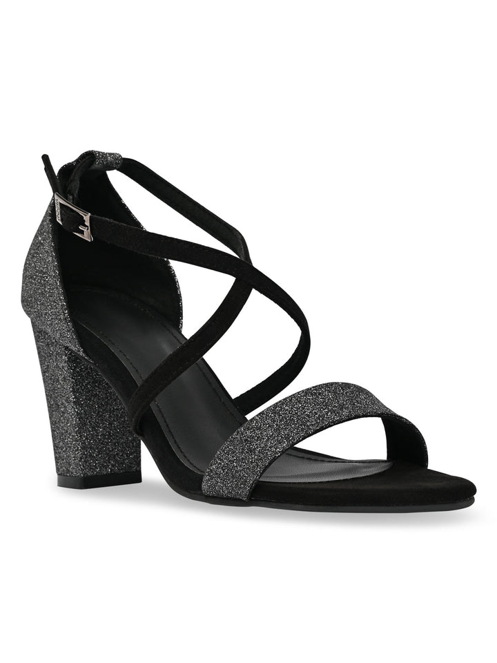 Rocia By Regal Black Women Shimmery Ankle Strap Block Heels