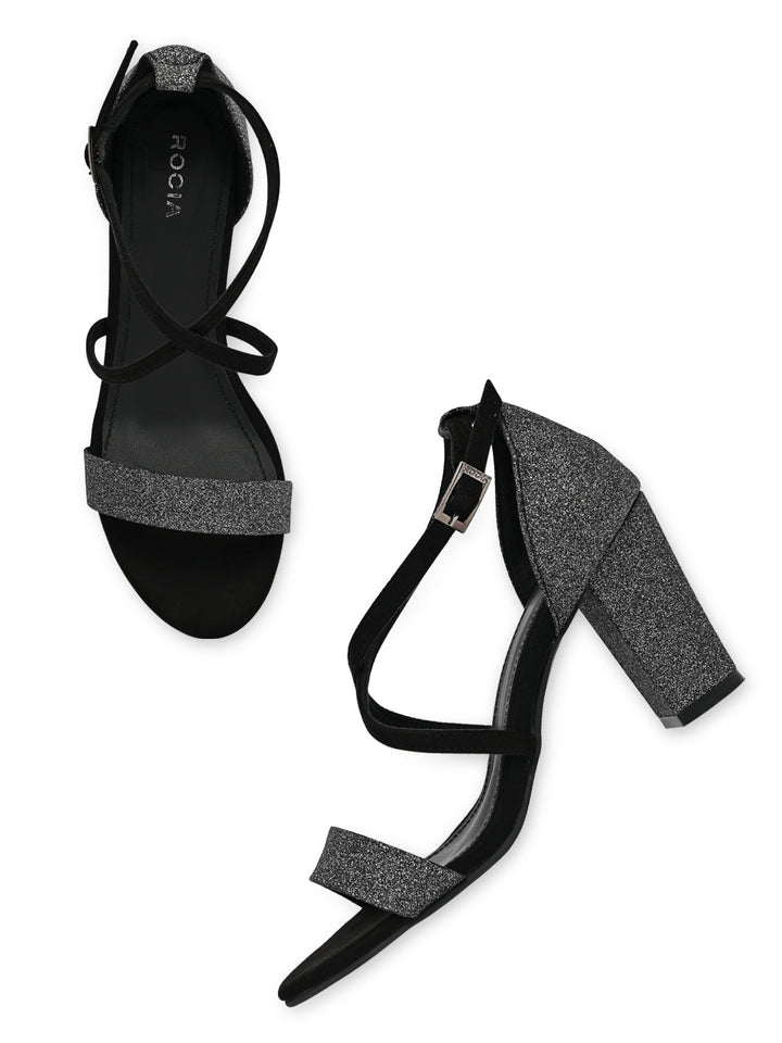 Rocia By Regal Black Women Shimmery Ankle Strap Block Heels