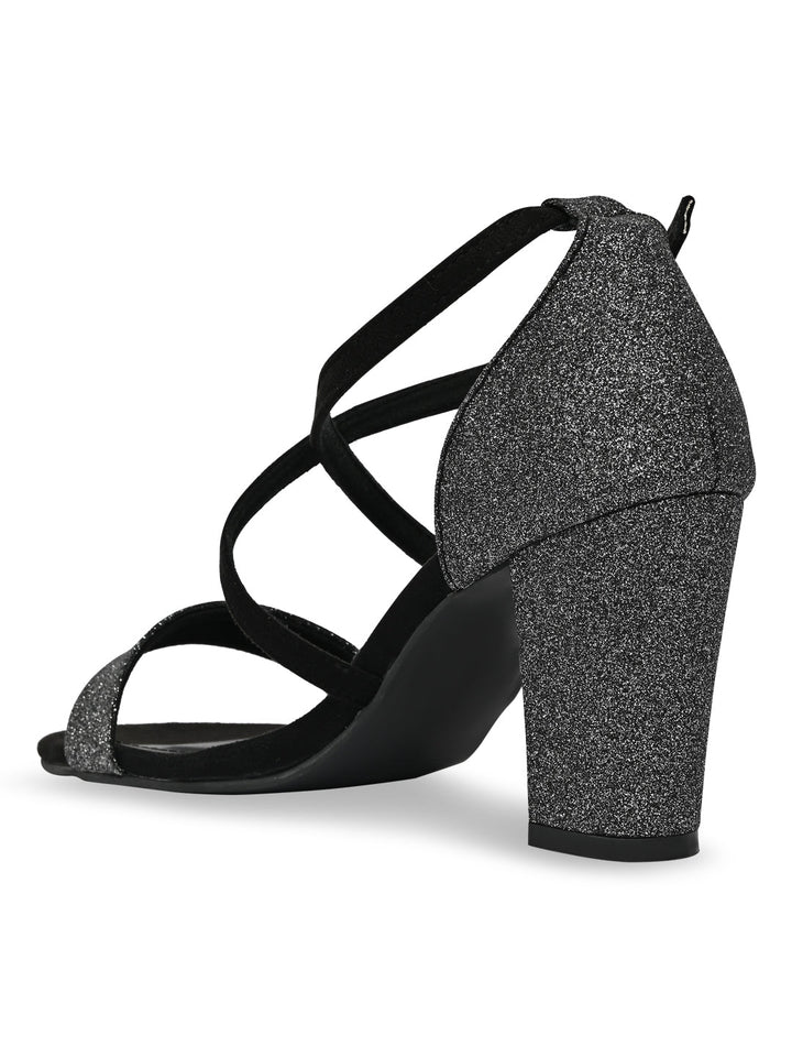Rocia By Regal Black Women Shimmery Ankle Strap Block Heels