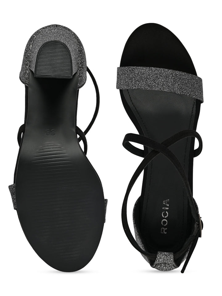 Rocia By Regal Black Women Shimmery Ankle Strap Block Heels