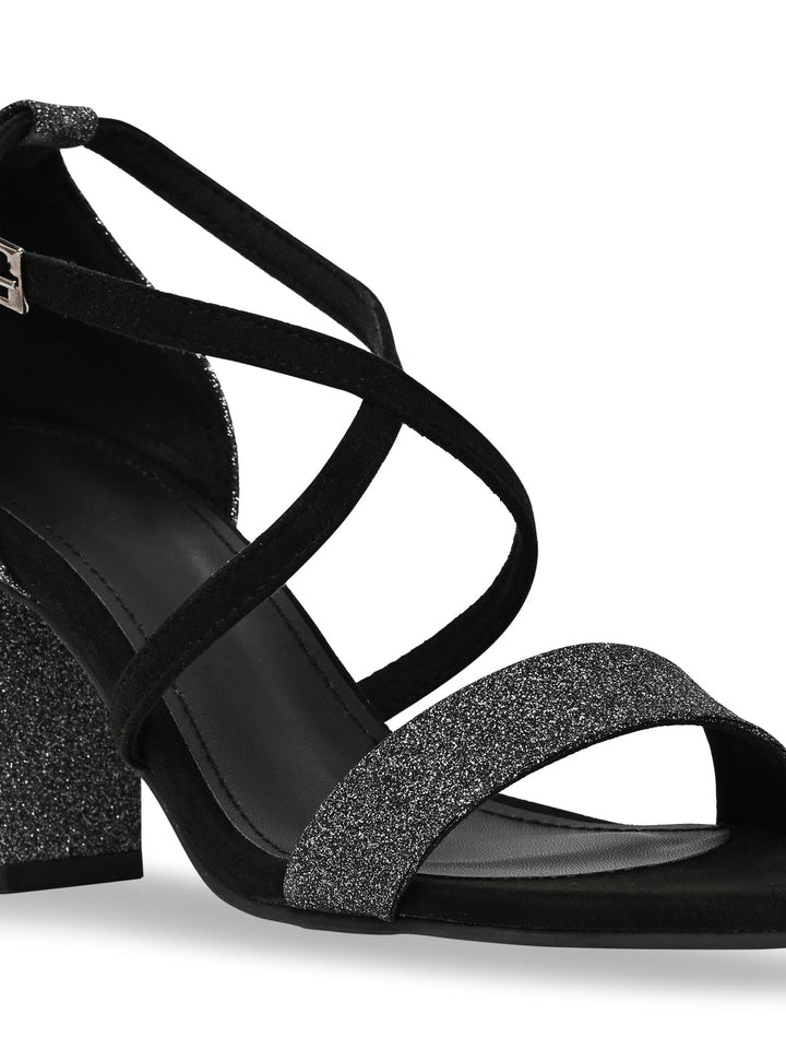 Rocia By Regal Black Women Shimmery Ankle Strap Block Heels