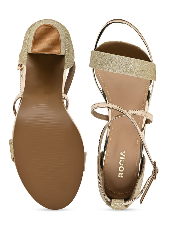 Rocia By Regal Gold Women Shimmery Ankle Strap Block Heels