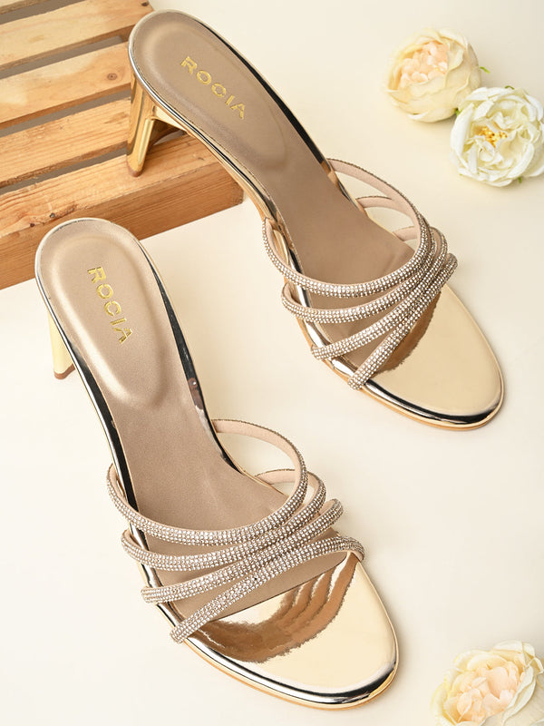 Rocia By Regal Gold Women Diamond Strap Block Heel Sandals