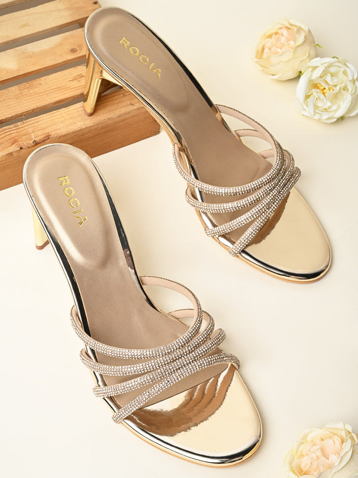 Rocia By Regal Gold Women Diamond Strap Block Heel Sandals
