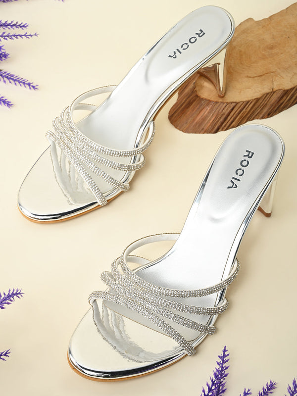 Rocia By Regal Silver Women Diamond Strap Block Heel Sandals