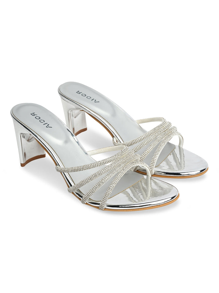Rocia By Regal Silver Women Diamond Strap Block Heel Sandals