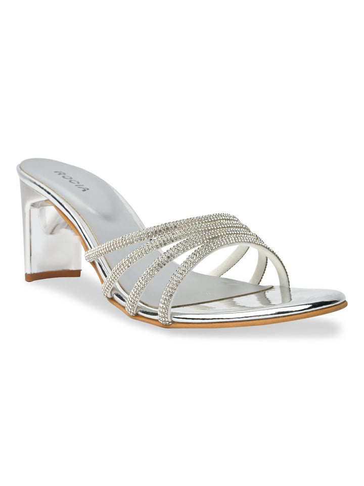 Rocia By Regal Silver Women Diamond Strap Block Heel Sandals