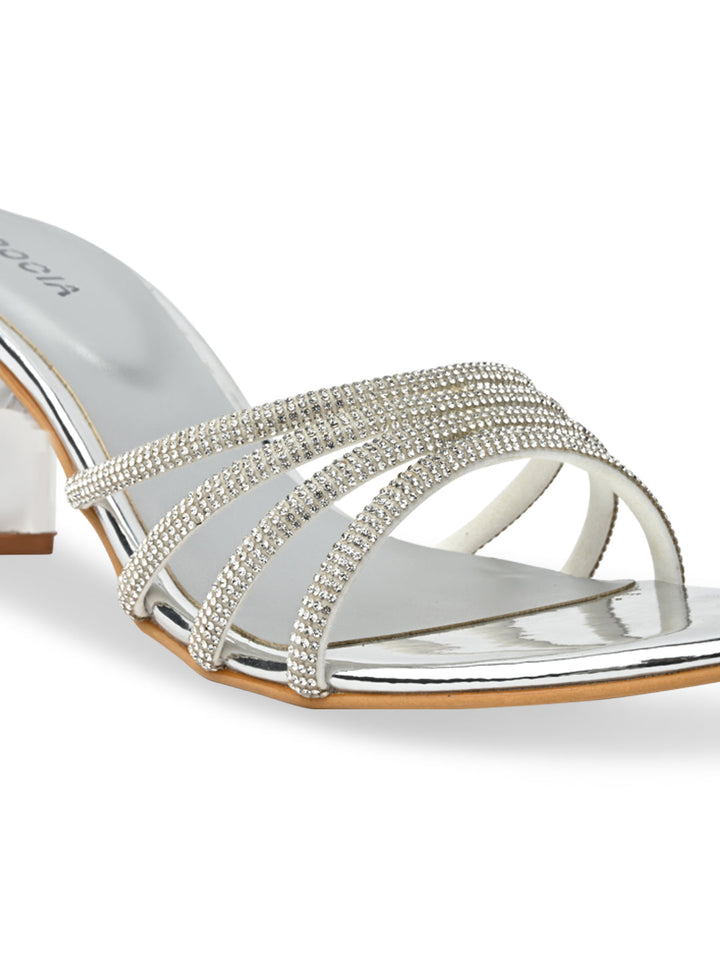 Rocia By Regal Silver Women Diamond Strap Block Heel Sandals