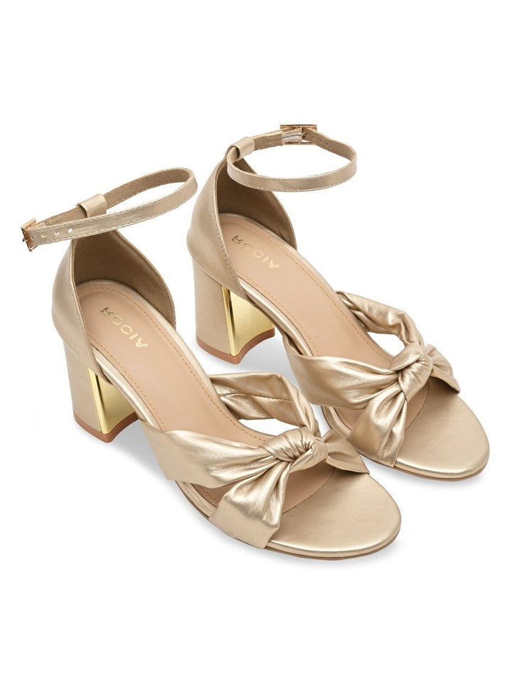 Rocia By Regal Gold Women Knotted Block Heel Ankle Strap Sandals
