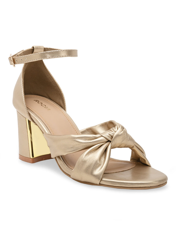 Rocia By Regal Gold Women Knotted Block Heel Ankle Strap Sandals
