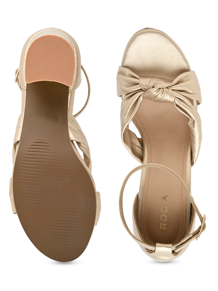 Rocia By Regal Gold Women Knotted Block Heel Ankle Strap Sandals