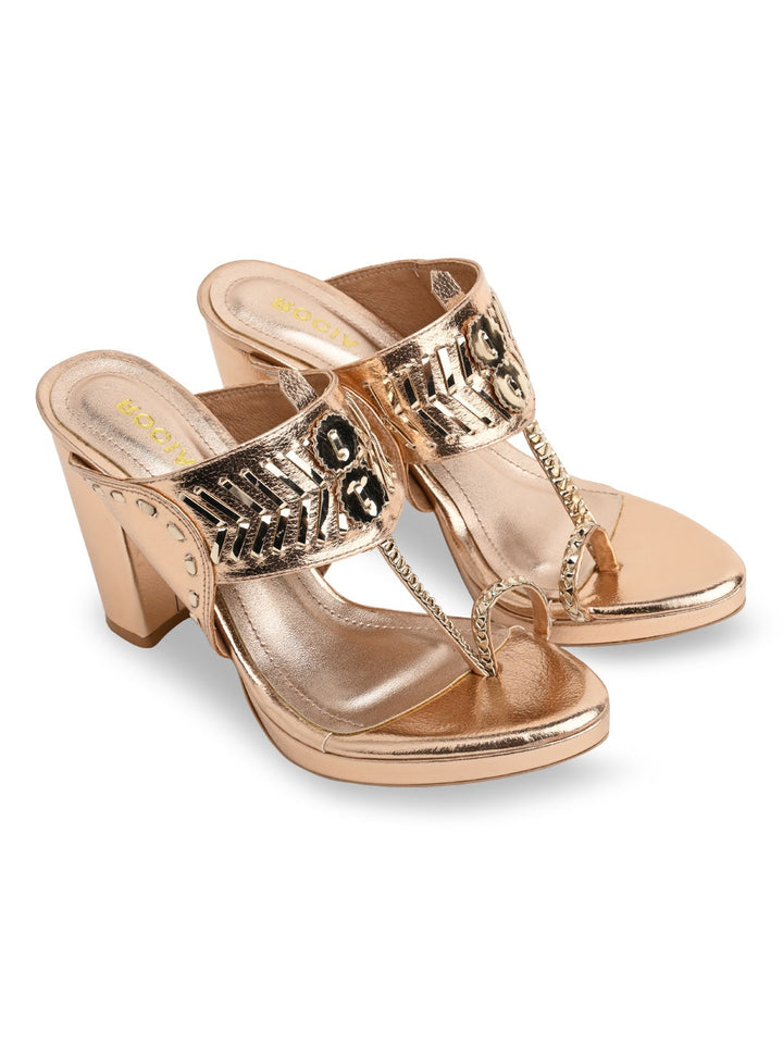 Rocia By Regal Rose Gold Women High Block Heel Stylish Kolhapuris