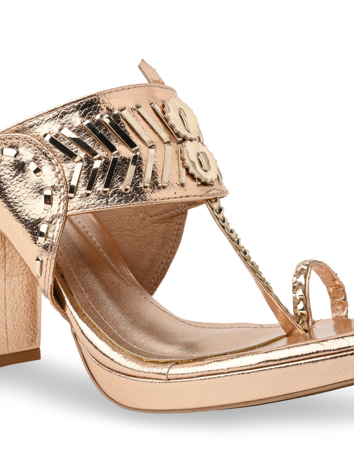 Rocia By Regal Rose Gold Women High Block Heel Stylish Kolhapuris