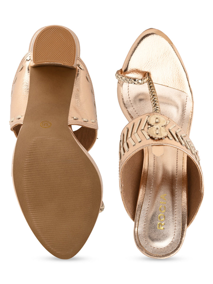 Rocia By Regal Rose Gold Women High Block Heel Stylish Kolhapuris