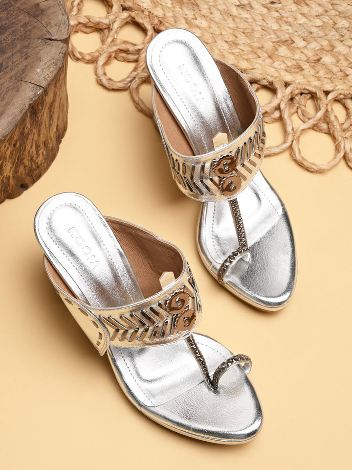 Rocia By Regal Silver Women High Block Heel Stylish Kolhapuris