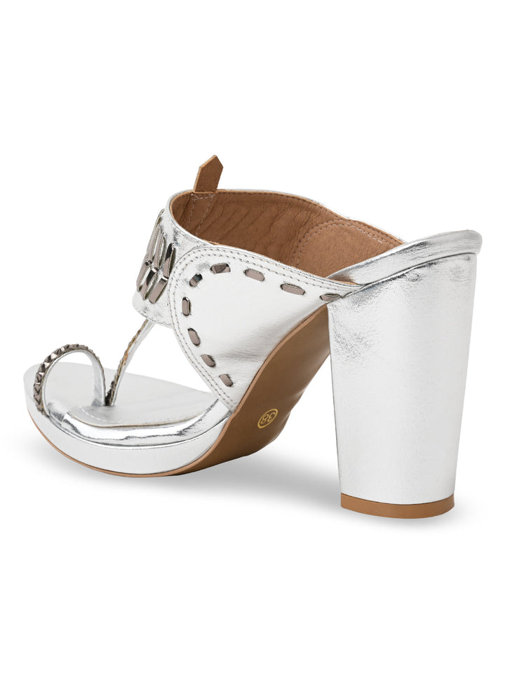 Rocia By Regal Silver Women High Block Heel Stylish Kolhapuris