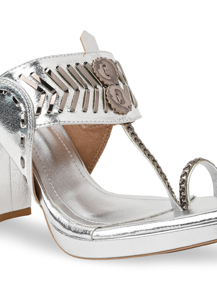 Rocia By Regal Silver Women High Block Heel Stylish Kolhapuris
