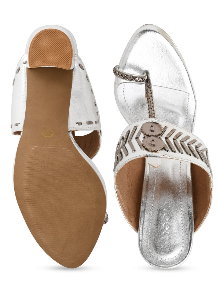 Rocia By Regal Silver Women High Block Heel Stylish Kolhapuris