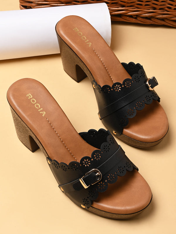 Rocia By Regal Black Women Laser Cut High Block Heels