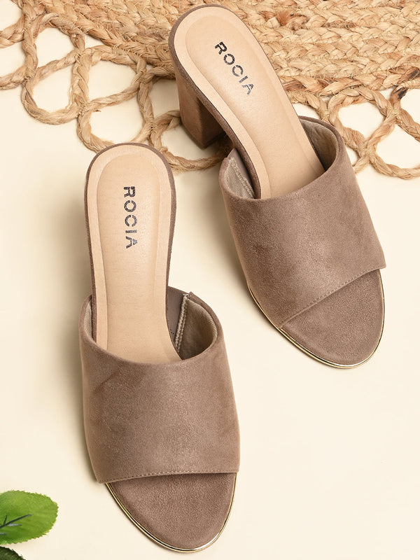 Rocia By Regal Beige Women Classic Suede High Block Heel Slip Ons