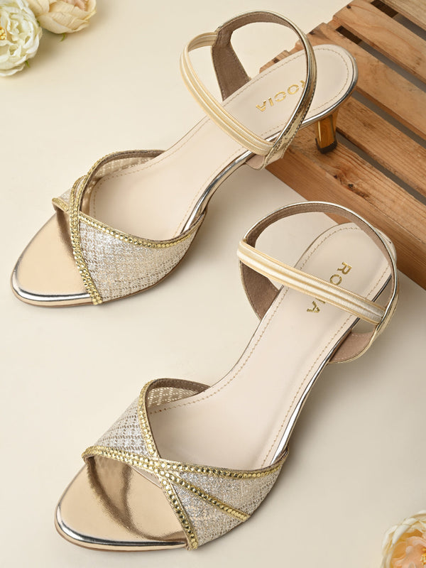 Rocia By Regal Gold Women Diamond Embellished Lace Stilettos