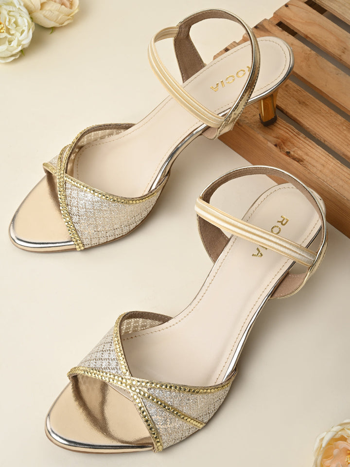 Rocia By Regal Gold Women Diamond Embellished Lace Stilettos