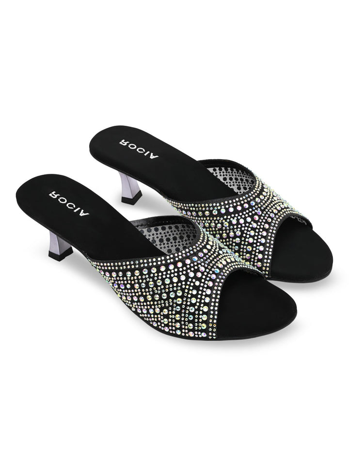 Rocia By Regal Black Women Diamante Mesh Slip On Stilettos