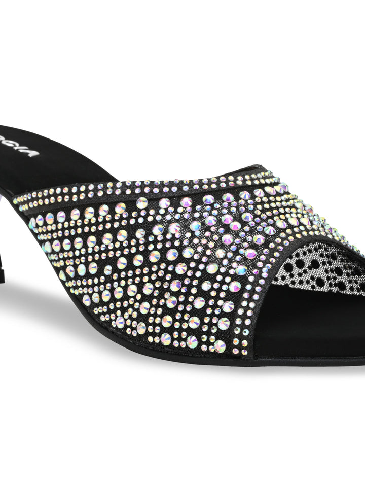 Rocia By Regal Black Women Diamante Mesh Slip On Stilettos