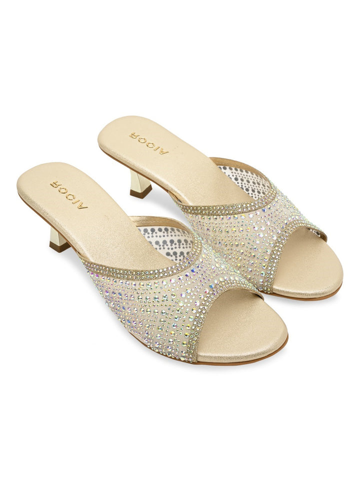 Rocia By Regal Gold Women Diamante Mesh Slip On Stilettos