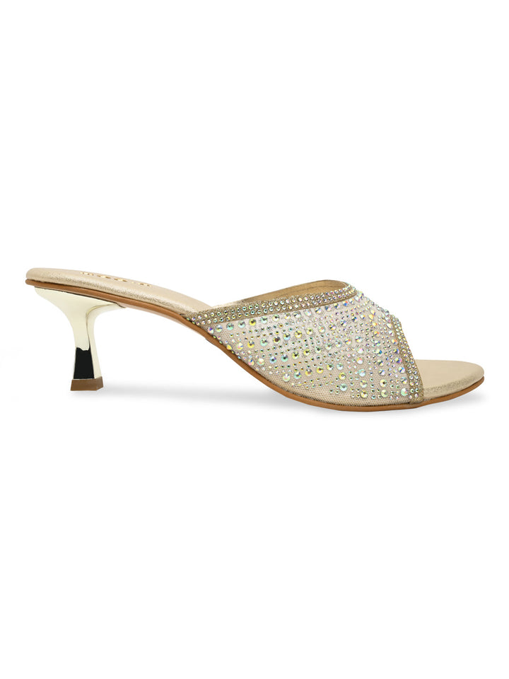 Rocia By Regal Gold Women Diamante Mesh Slip On Stilettos