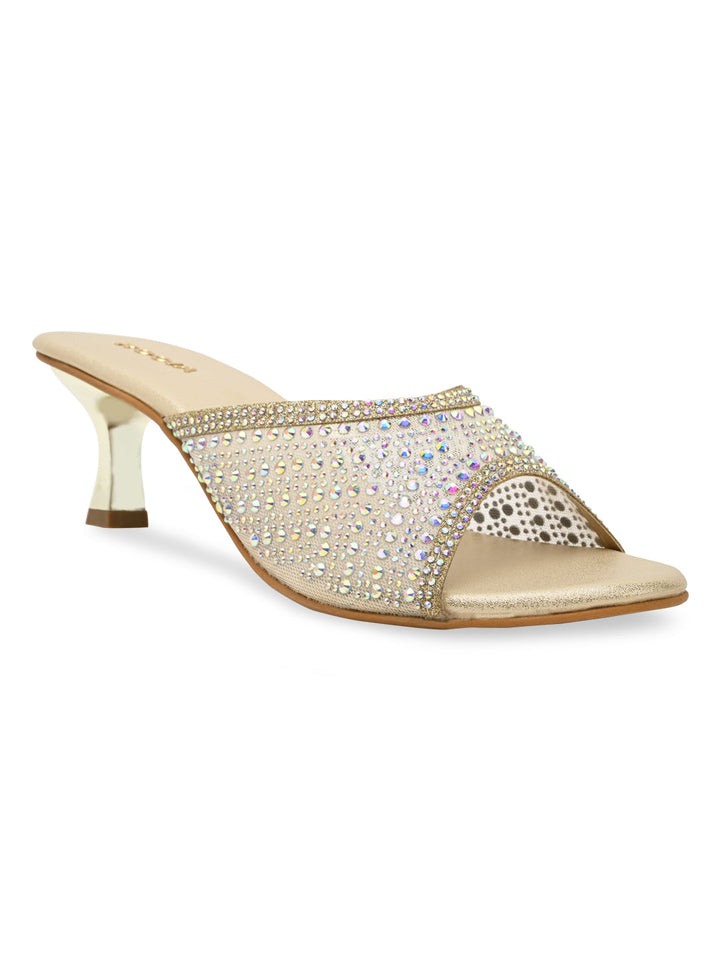 Rocia By Regal Gold Women Diamante Mesh Slip On Stilettos