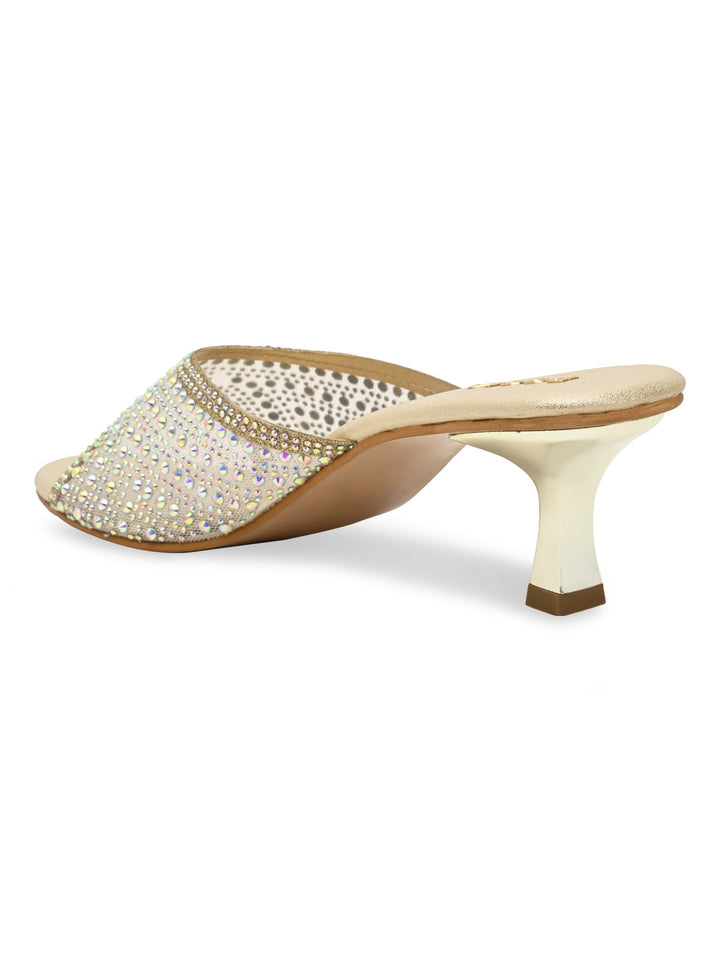 Rocia By Regal Gold Women Diamante Mesh Slip On Stilettos