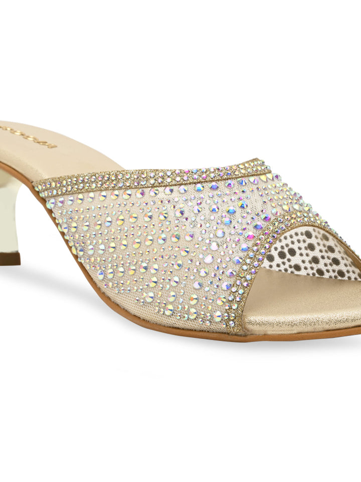 Rocia By Regal Gold Women Diamante Mesh Slip On Stilettos