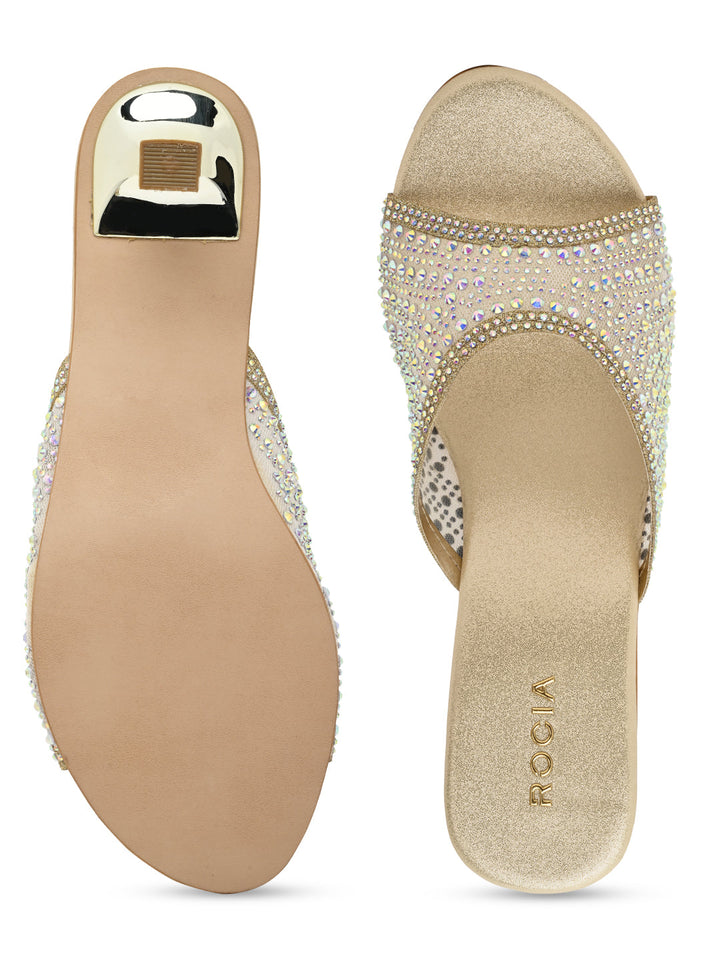 Rocia By Regal Gold Women Diamante Mesh Slip On Stilettos