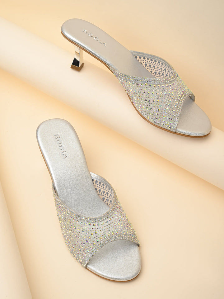 Rocia By Regal Silver Women Diamante Mesh Slip On Stilettos