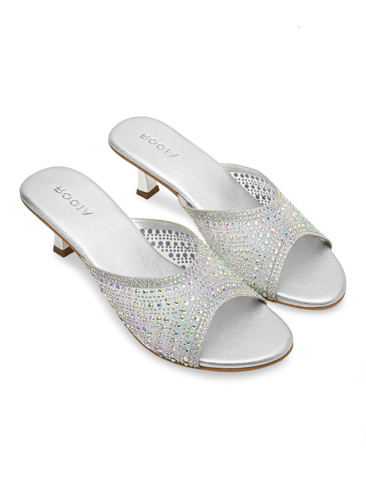 Rocia By Regal Silver Women Diamante Mesh Slip On Stilettos