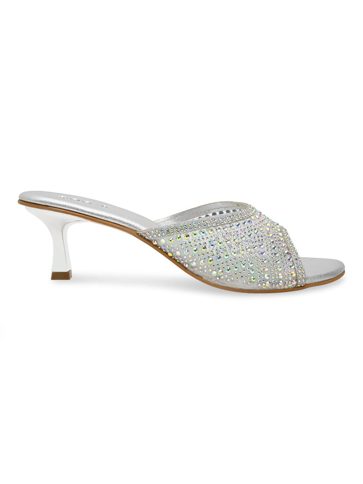 Rocia By Regal Silver Women Diamante Mesh Slip On Stilettos