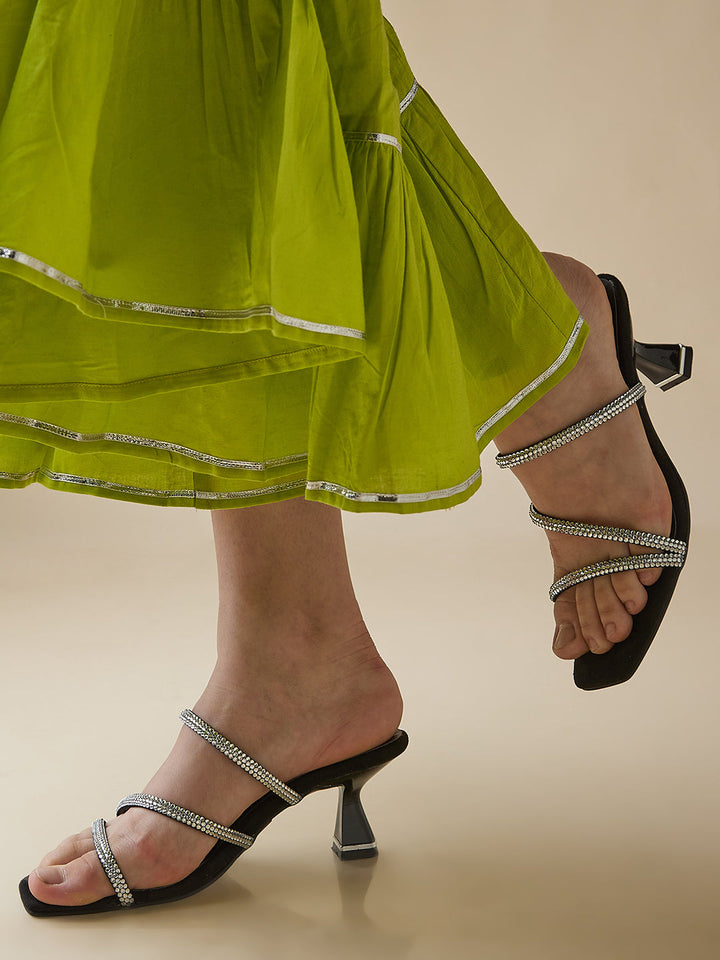 Rocia By Regal Black Women Zig- Zag Strappy Diamond Stilettos