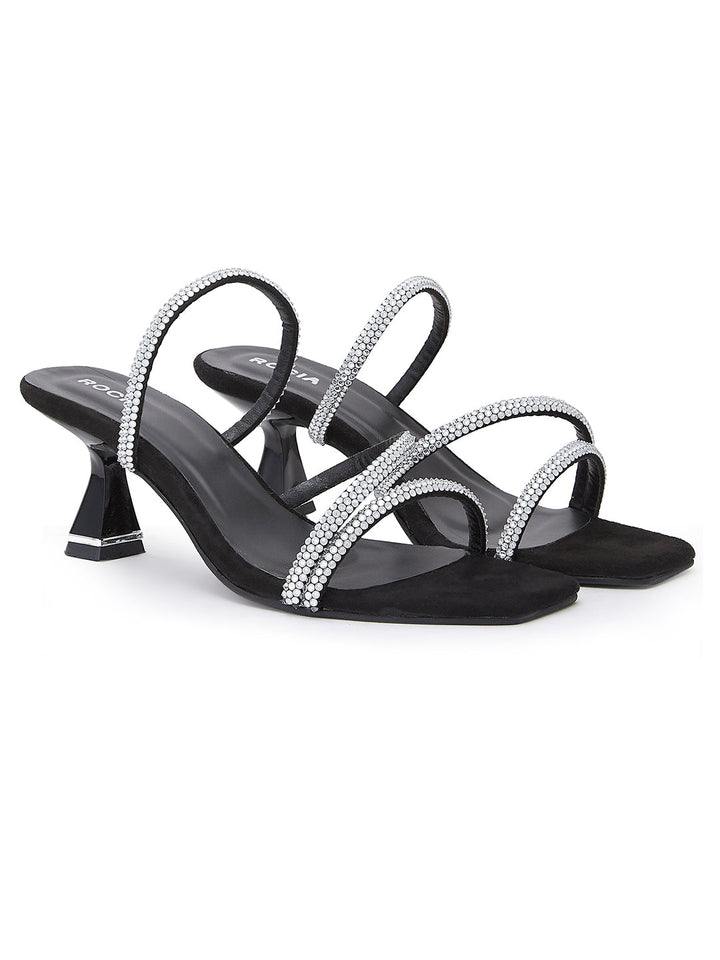 Rocia By Regal Black Women Zig- Zag Strappy Diamond Stilettos