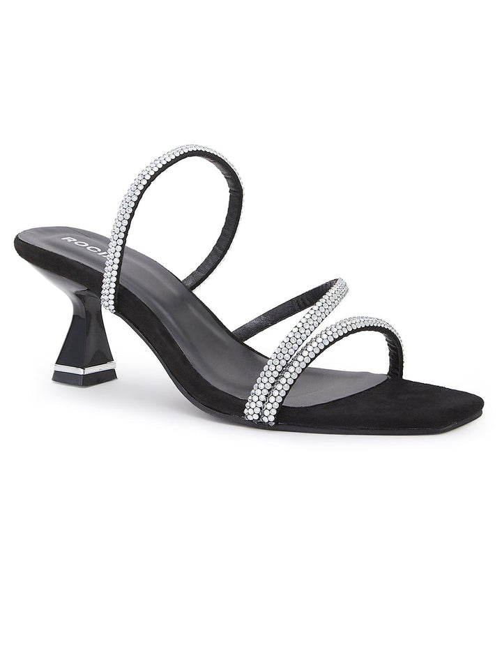 Rocia By Regal Black Women Zig- Zag Strappy Diamond Stilettos