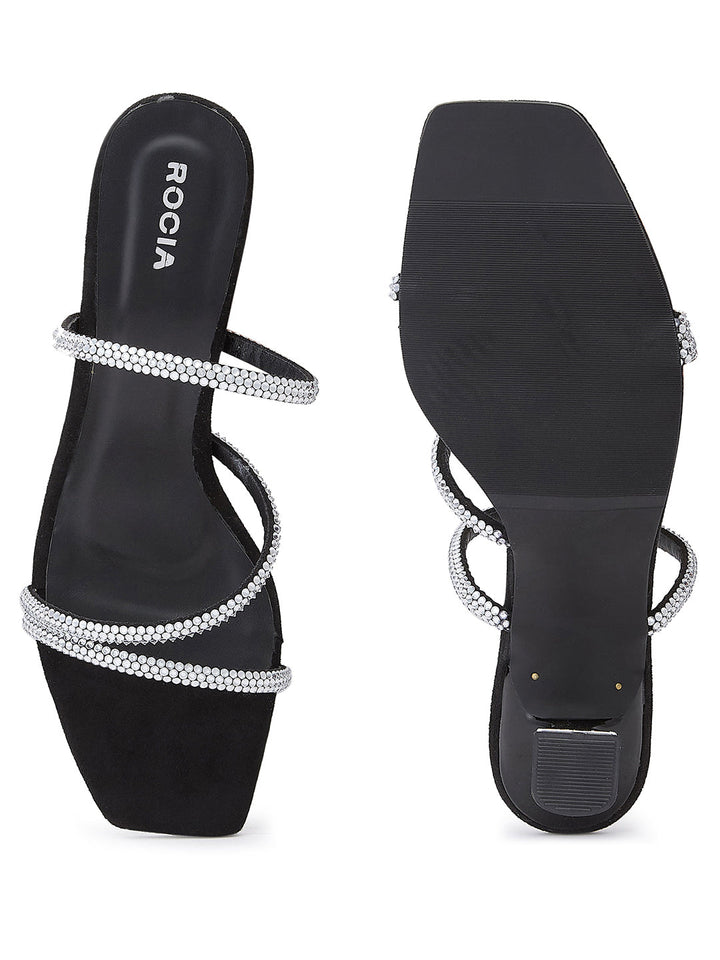 Rocia By Regal Black Women Zig- Zag Strappy Diamond Stilettos