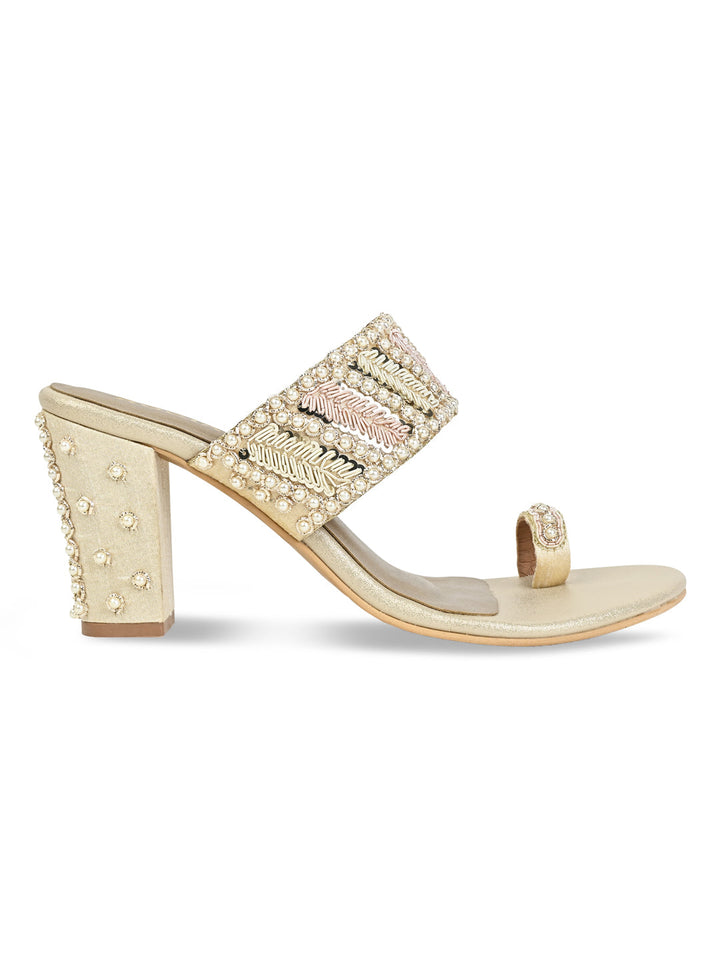Rocia By Regal Gold Women Hand Embroidered Block Heel Sandals