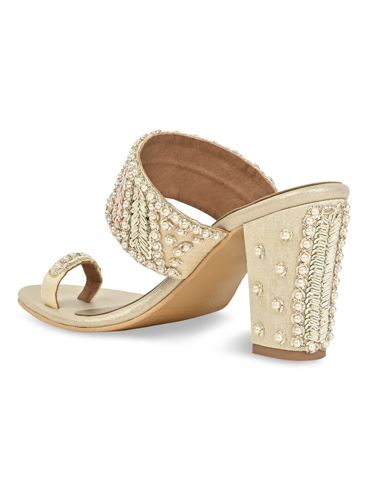 Rocia By Regal Gold Women Hand Embroidered Block Heel Sandals