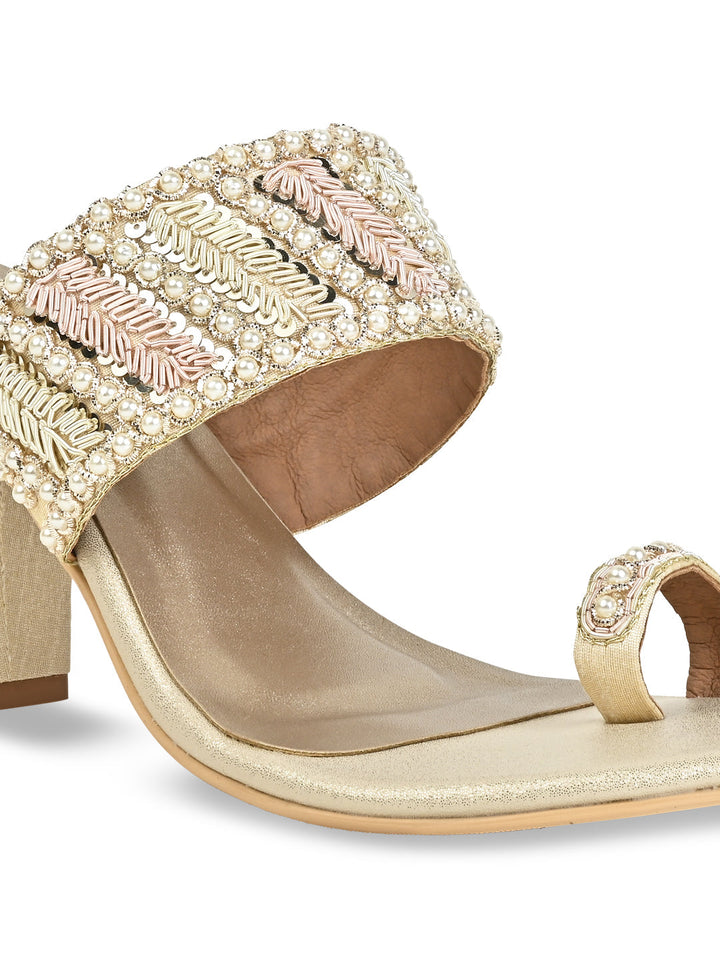 Rocia By Regal Gold Women Hand Embroidered Block Heel Sandals