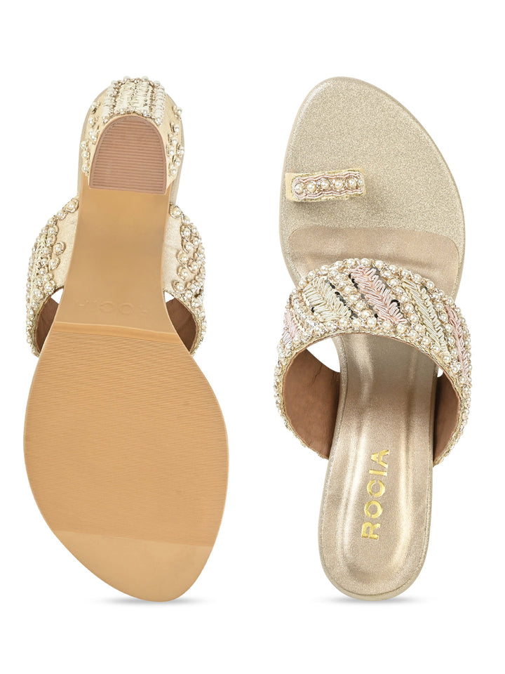 Rocia By Regal Gold Women Hand Embroidered Block Heel Sandals