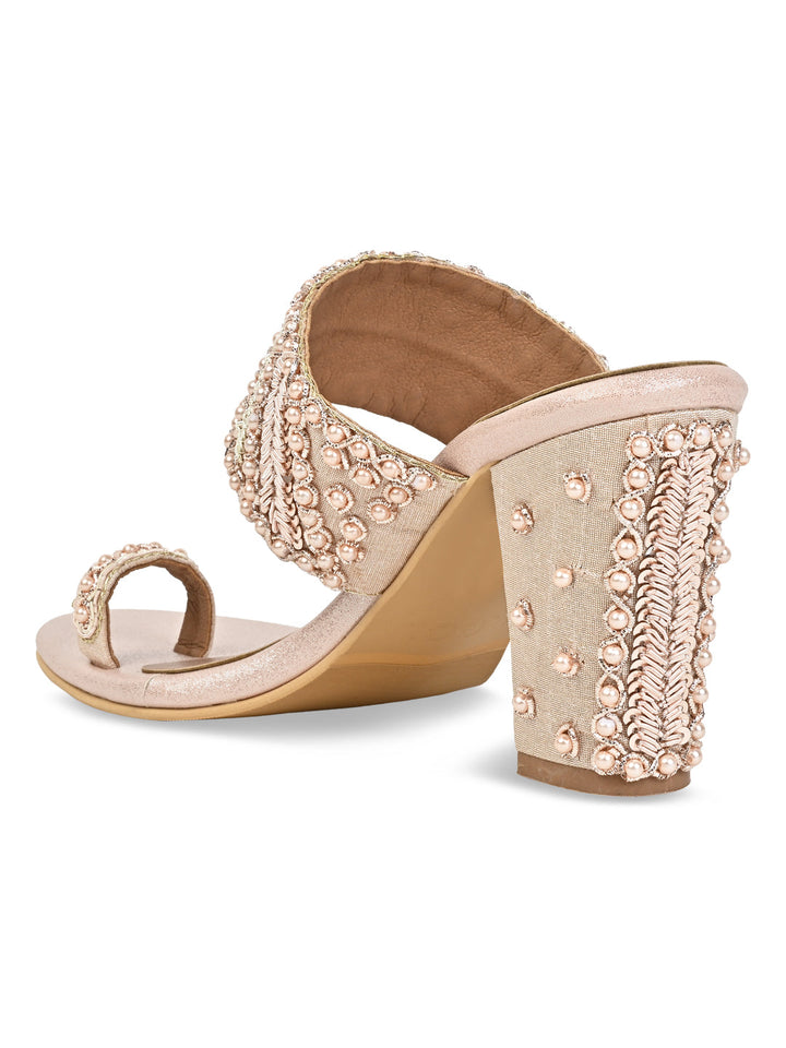 Rocia By Regal Rose Gold Women Hand Embroidered Block Heel Sandals
