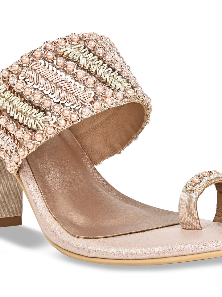 Rocia By Regal Rose Gold Women Hand Embroidered Block Heel Sandals