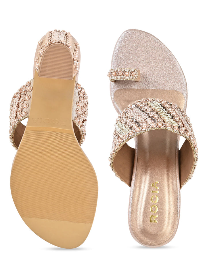 Rocia By Regal Rose Gold Women Hand Embroidered Block Heel Sandals