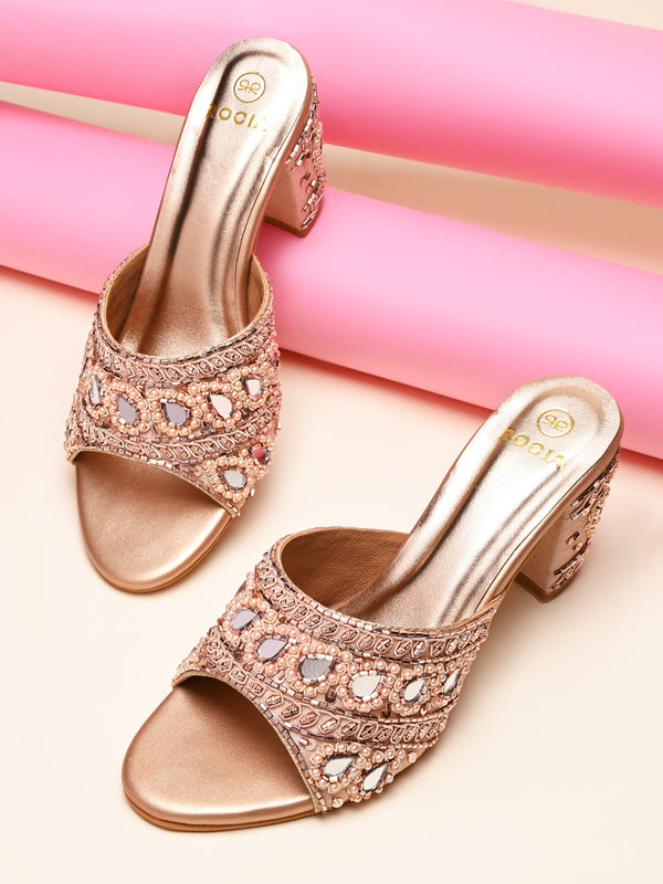 Rocia By Regal Rose Gold Women Heavy Embroidered Block Heel Sandals